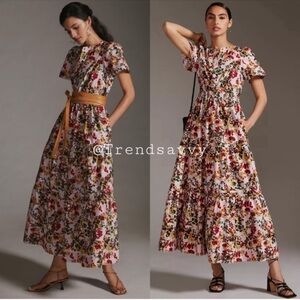 Anthropologie Somerset Floral Smocked Waist Maxi Dress Pink Cotton Size S NWT